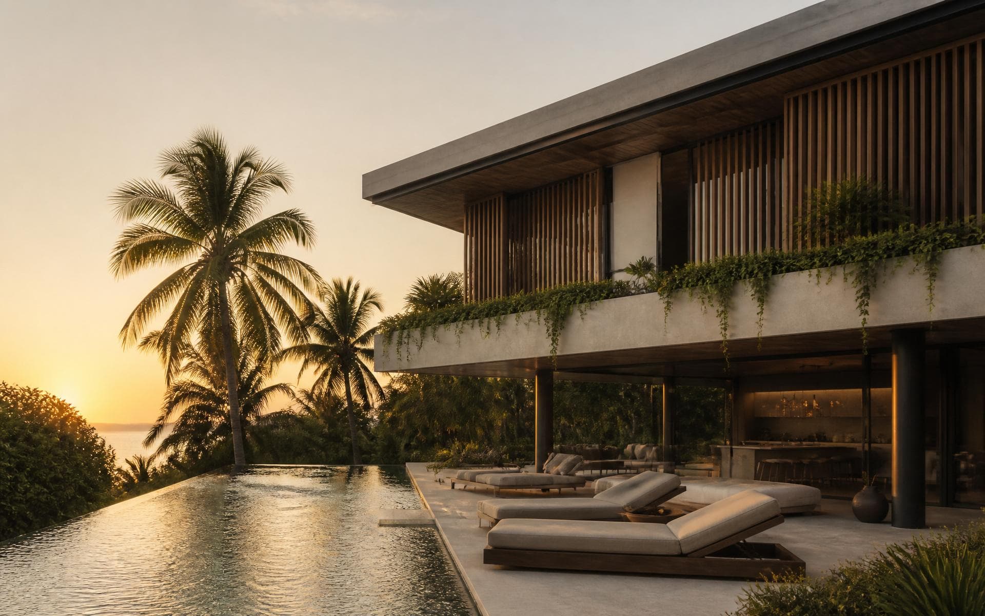Contemporary villa at golden hour